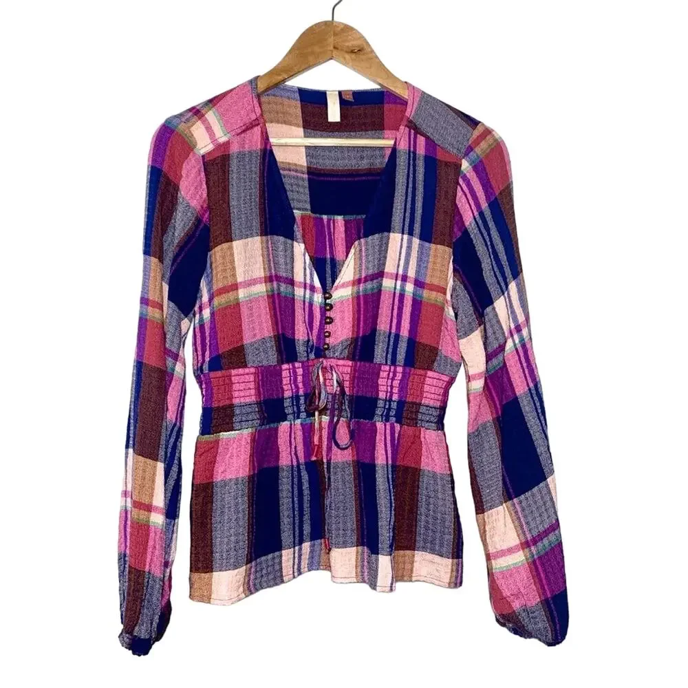 Pilcro Anthropologie Plaid Peplum Smocked Waist Long Sleeve Top Pink Navy Small